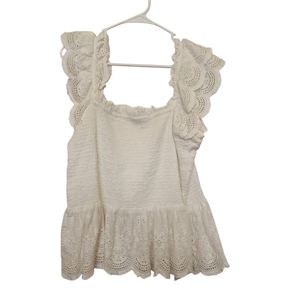 Jennifer & Grace White Eyelet Flutter Sleeves Smocked Peplum Blouse Top Sz Large